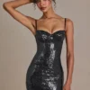 Mini-robe corset en dentelle à paillettes Theodora Premium, couleur noire Mini-robe corset en dentelle à paillettes Theodora Premium, couleur noire