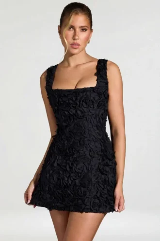 Mini-robe corset à encolure carrée et appliqués floraux Posy, en noir