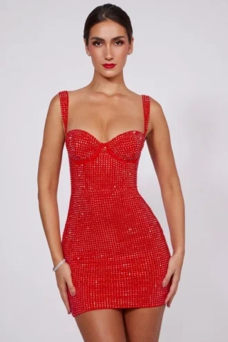 Mini-robe corset à encolure en cœur ornée Ines, couleur rouge feu
