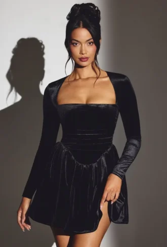 Mini-robe corset à manches longues en velours Tera, couleur noir jais