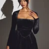 Mini-robe corset à manches longues en velours Tera, couleur noir jais Mini-robe corset à manches longues en velours Tera, couleur noir jais