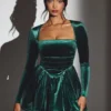 Mini-robe corset à manches longues en velours Tera, vert émeraude Mini-robe corset à manches longues en velours Tera, vert émeraude