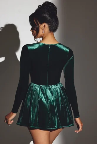 Mini-robe corset à manches longues en velours Tera, vert émeraude