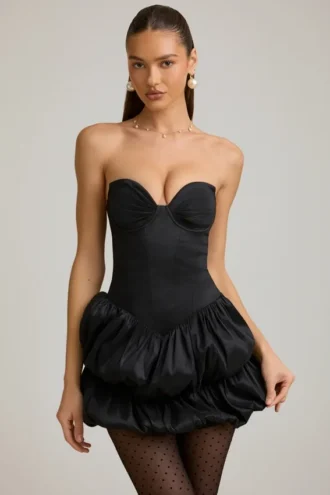 Mini-robe corset à ourlet bouffant en satin Laela, couleur noire