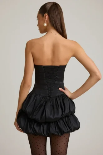 Mini-robe corset à ourlet bouffant en satin Laela, couleur noire