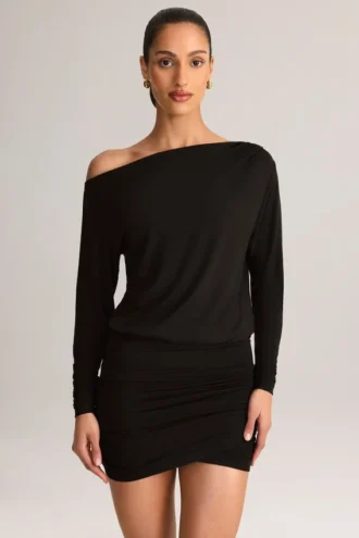 Mini-robe croisée à épaules dénudées Mira en modal noir