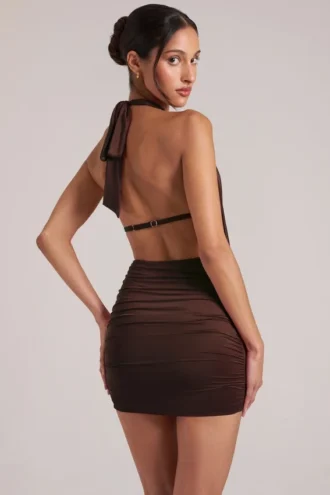 Mini-robe drapée à col bénitier Kael, couleur chocolat