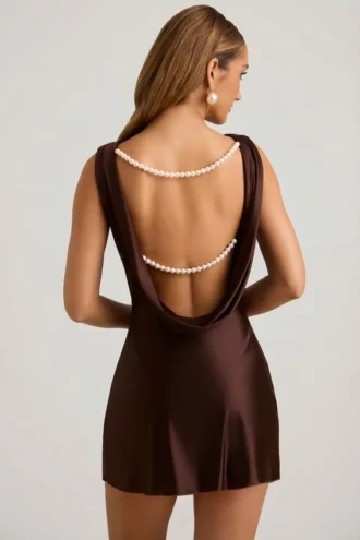 Mini-robe drapée à dos nu et coupe trapèze Monnie, couleur chocolat