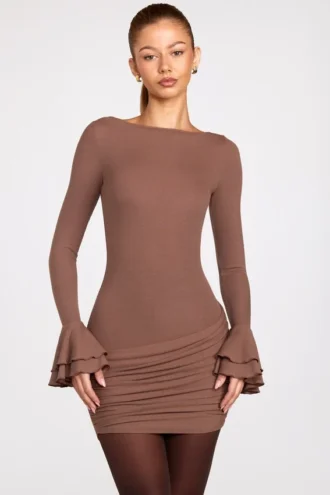 Mini-robe drapée à manches longues en modal côtelé Helena, couleur moka