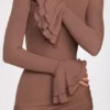 Mini-robe drapée à manches longues en modal côtelé Helena, couleur moka