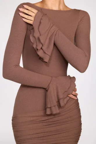 Mini-robe drapée à manches longues en modal côtelé Helena, couleur moka