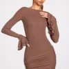Mini-robe drapée à manches longues en modal côtelé Helena, couleur moka