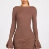 Mini-robe drapée à manches longues en modal côtelé Helena, couleur moka