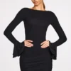 Mini-robe drapée à manches longues en modal côtelé Helena, couleur noire