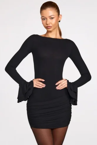 Mini-robe drapée à manches longues en modal côtelé Helena, couleur noire