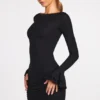 Mini-robe drapée à manches longues en modal côtelé Helena, couleur noire