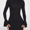 Mini-robe drapée à manches longues en modal côtelé Helena, couleur noire