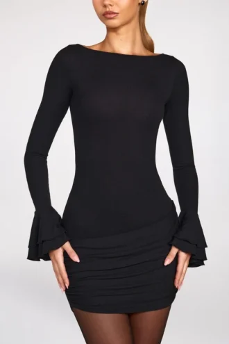 Mini-robe drapée à manches longues en modal côtelé Helena, couleur noire