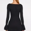 Mini-robe drapée à manches longues en modal côtelé Helena, couleur noire