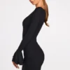 Mini-robe drapée à manches longues en modal côtelé Helena, couleur noire