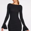 Mini-robe drapée à manches longues en modal côtelé Helena, couleur noire