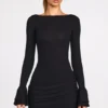Mini-robe drapée à manches longues en modal côtelé Helena, couleur noire