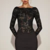 Mini-robe Eirlys en dentelle transparente à encolure bateau, couleur noire