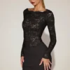 Mini-robe Eirlys en dentelle transparente à encolure bateau, couleur noire