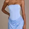 Mini-robe à jupe ornée en satin Elara, bleu ciel