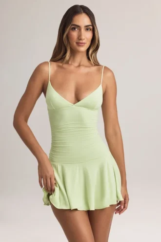 Mini-robe Kelbie en modal froncé, coupe trapèze, vert sauge