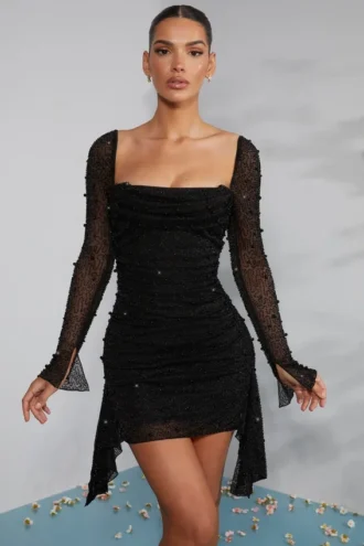 Mini-robe à manches longues et col bénitier ornée Tivoli, en noir