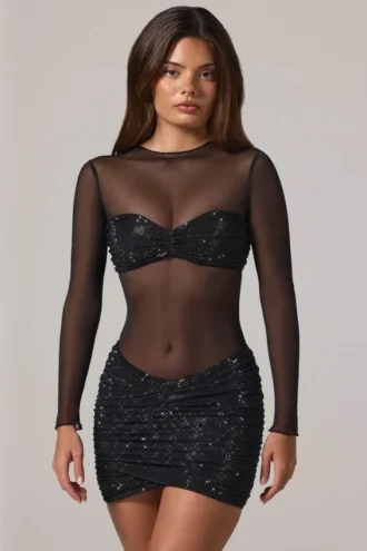 Mini-robe à manches longues et col haut Noel, en tulle noir orné