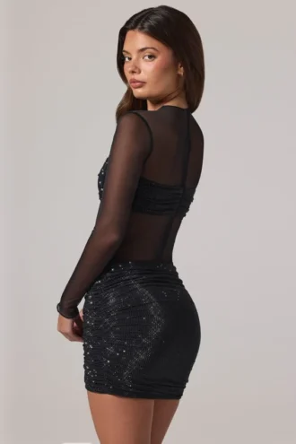 Mini-robe à manches longues et col haut Noel, en tulle noir orné