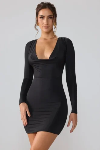 Mini-robe à manches longues et décolleté plongeant en jersey slinky Oakley, couleur noire