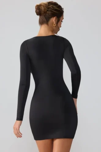 Mini-robe à manches longues et décolleté plongeant en jersey slinky Oakley, couleur noire