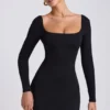Mini-robe à manches longues et encolure carrée Hope en modal noir Mini-robe à manches longues et encolure carrée Hope en modal noir