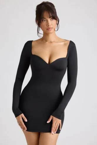 Mini-robe à manches longues et encolure en cœur Demelza, en noir