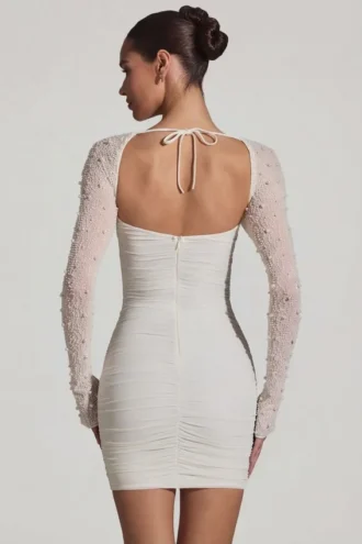 Mini-robe à manches longues ornée St Germain en blanc