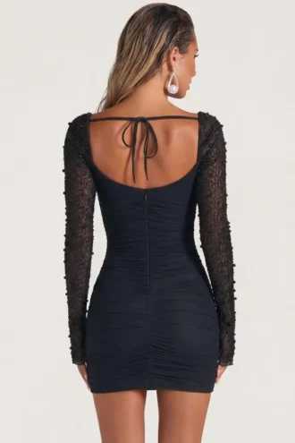 Mini-robe à manches longues ornée St Germain en noir