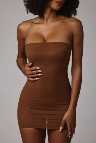 Mini-robe nuisette bandeau en maille transparente douce Intimates, couleur moka