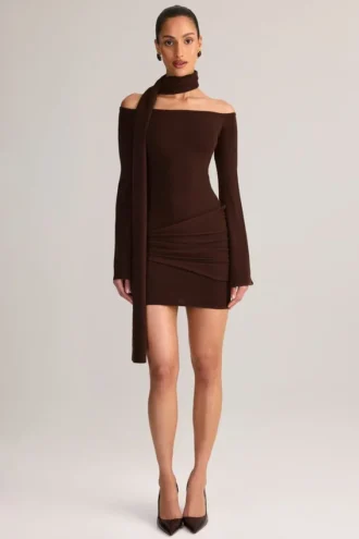 Mini-robe à épaules dénudées avec détails en tricot Luzia, couleur chocolat