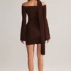 Mini-robe à épaules dénudées avec détails en tricot Luzia, couleur chocolat Mini-robe à épaules dénudées avec détails en tricot Luzia, couleur chocolat