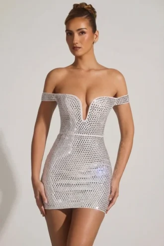 Mini-robe à épaules dénudées Leonora ornée, en blanc