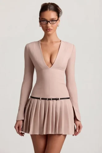 Mini-robe plissée à manches longues Fiorella, couleur champignon