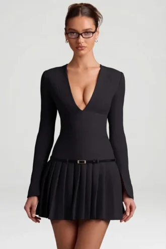 Mini-robe plissée à manches longues Fiorella en noir
