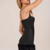 Mini-robe Rixelle en satin à encolure carrée, corset et fausse fourrure, couleur noire