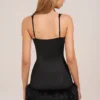 Mini-robe Rixelle en satin à encolure carrée, corset et fausse fourrure, couleur noire