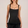 Mini-robe Rixelle en satin à encolure carrée, corset et fausse fourrure, couleur noire