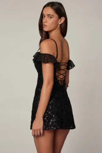 Mini-robe trapèze Jacira à lacets et ornements, en noir