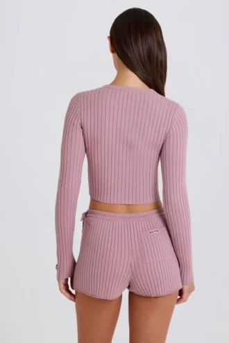 Mini-short en maille côtelée à nouer, couleur mauve